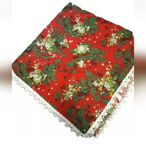 Vintage cotton blend holly berry Christmas holiday tablecloth square pom poms
